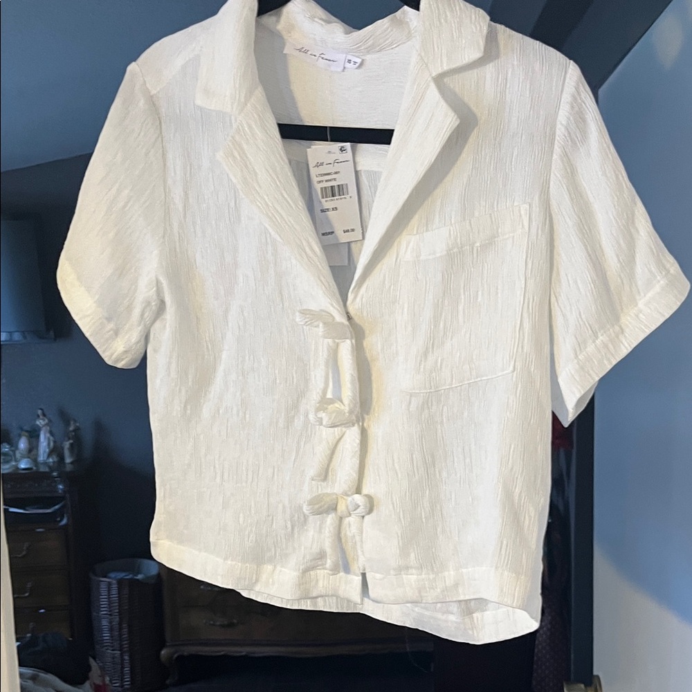 All in Favor Off White Textured Short-Sleeve Button Top